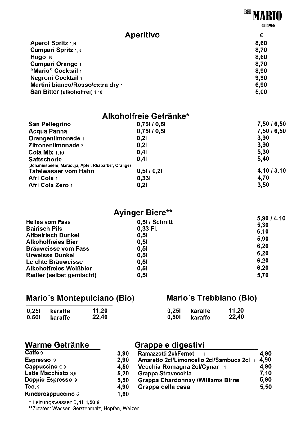 Speisekarte Getränke